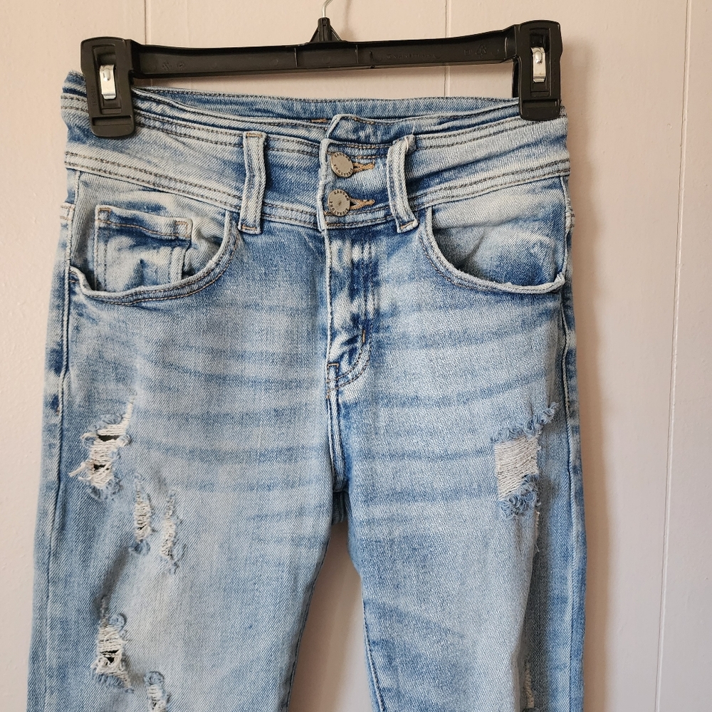 Kancan Bootcut Jeans Distressed High Rise Super Flare Fringe Raw Hem 25 - Picture 4 of 12